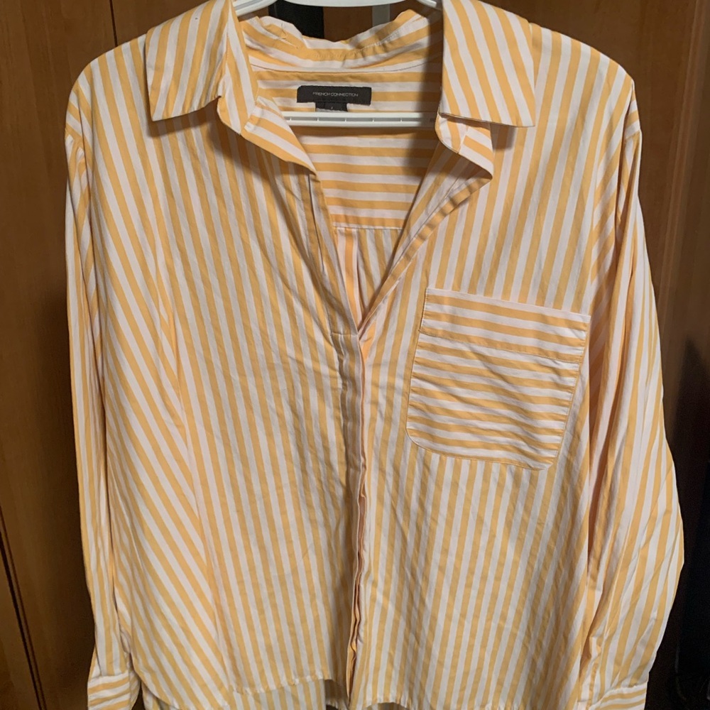 French Connection Yellow and White Striped Button-Up Blouse